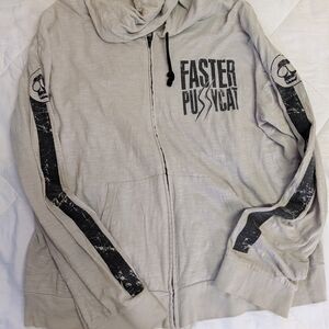 Gray Zip-Up Hoodie with Black Graphics